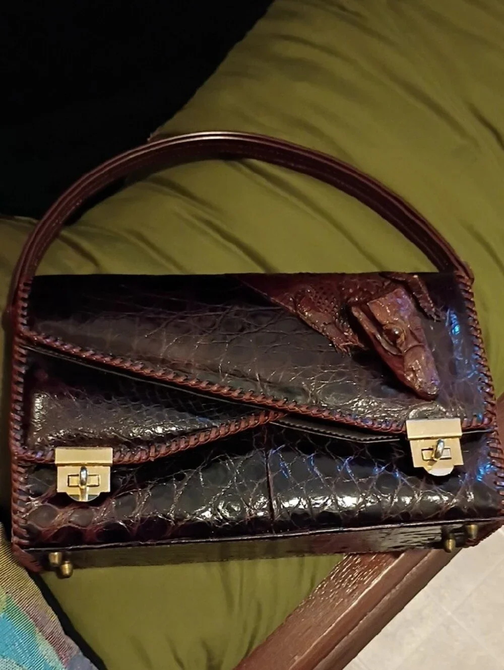 Vintage Croc-Embossed Leather Adjustable Shoulder Bag in Deep Brown